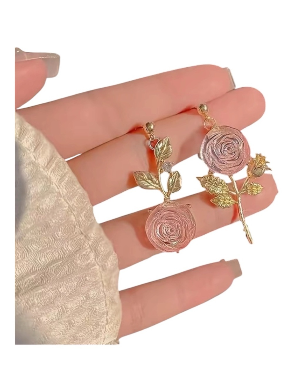 Elegant Pink Rose Drop Earrings - Gold Tone